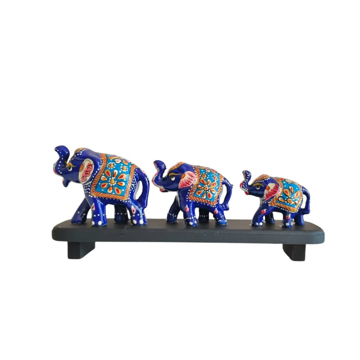 Hand-Painted Blue Elephant Family Figurines on Display   Wood Decorative