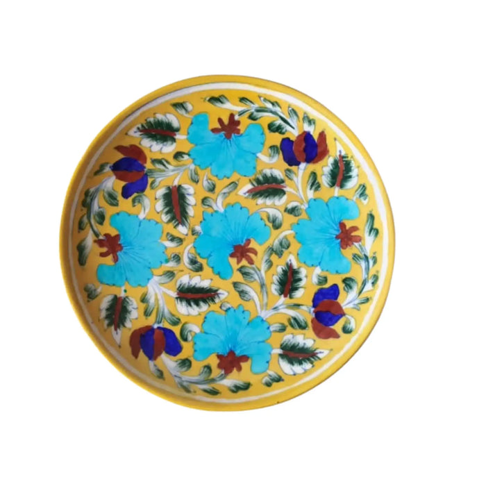Hand-Painted Blue Floral Decorative Wall Plate on Yellow   Pottery