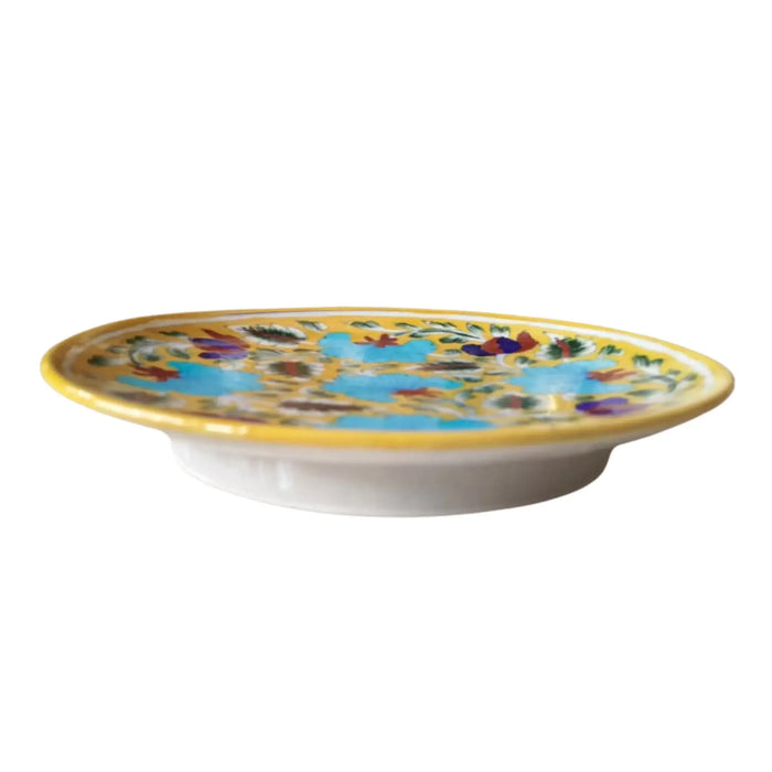 Hand-Painted Blue Floral Decorative Wall Plate on Yellow   Pottery