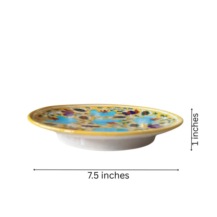 Hand-Painted Blue Floral Decorative Wall Plate on Yellow   Pottery