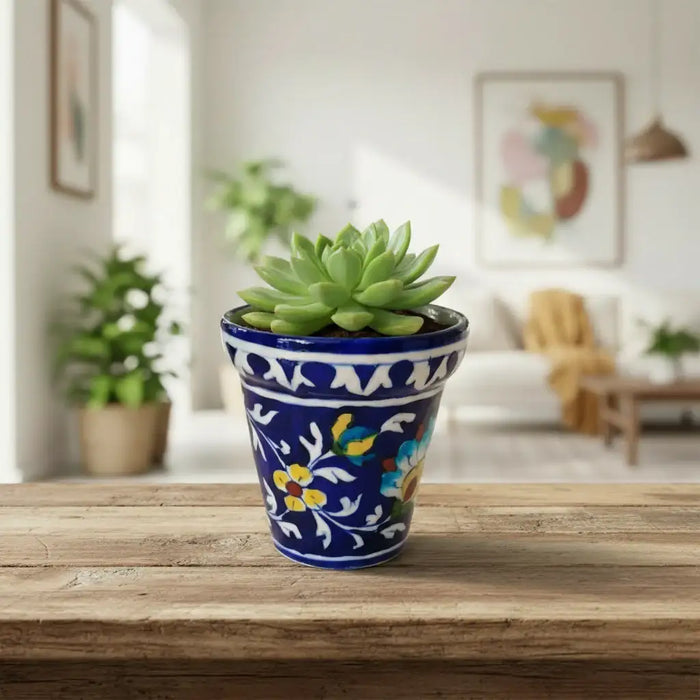 Hand-Painted Blue Pottery Floral Planter | Decorative Plant Pot   Pottery