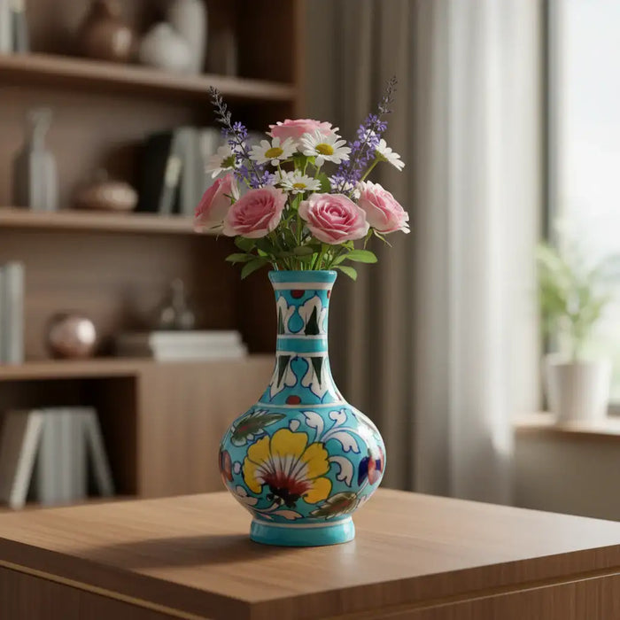 A hand-painted blue pottery vase with a bulbous base and slender neck, featuring intricate floral designs in blue, yellow, and red on a light blue background, sitting on a glossy white tiled floor.