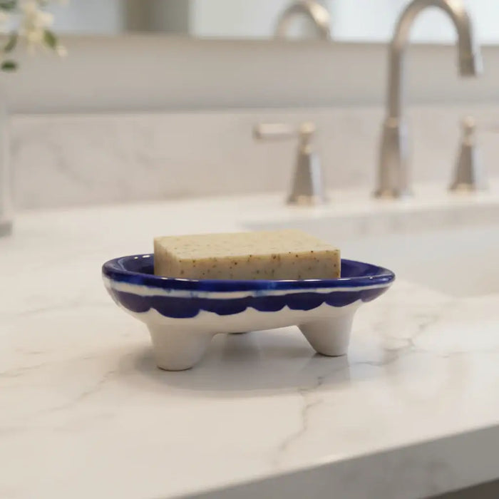 Hand-Painted Blue Pottery Heart-Shaped Soap Dish | Floral Design   Pottery