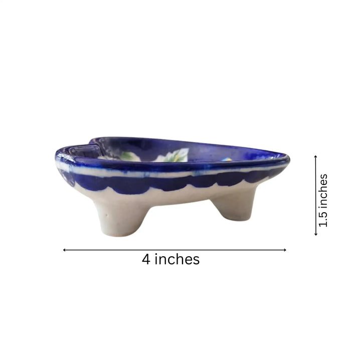 Hand-Painted Blue Pottery Heart-Shaped Soap Dish | Floral Design   Pottery