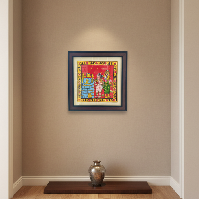 Hand-Painted Cheriyal Art - Village Women Fetching Water Scene   Cheriyala Painting