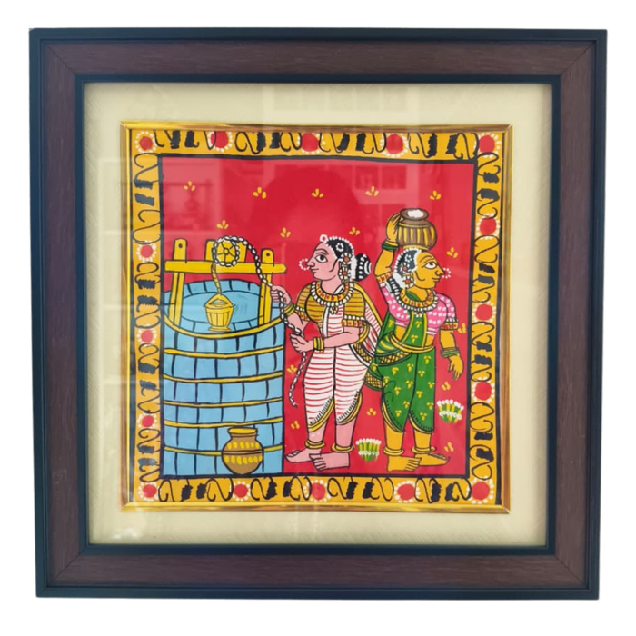 Hand-Painted Cheriyal Art - Village Women Fetching Water Scene   Cheriyala Painting