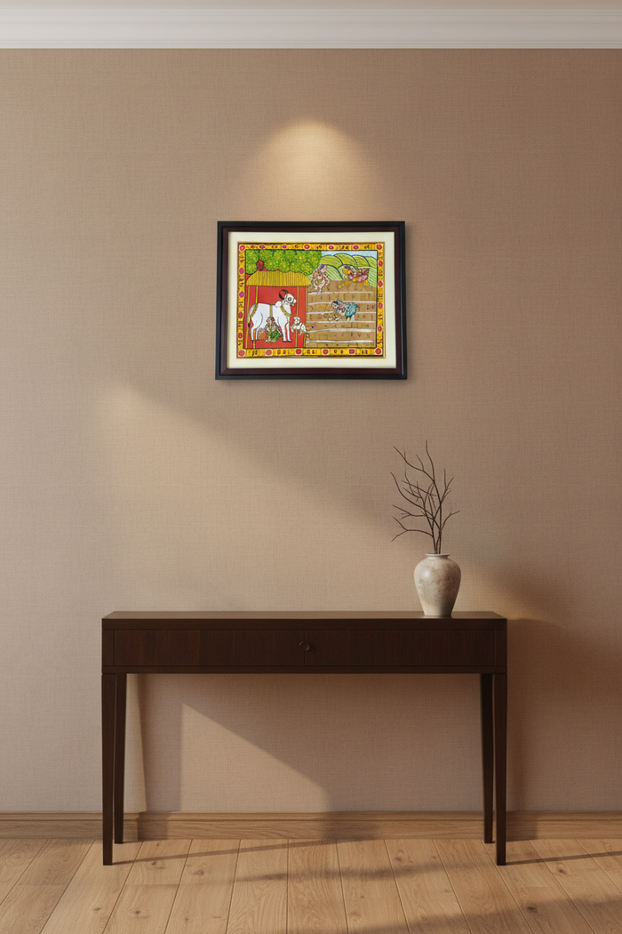 Paddy harvest Cheriyal painting shows rural life, farmers and cattle.