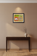 Paddy harvest Cheriyal painting shows rural life, farmers and cattle.