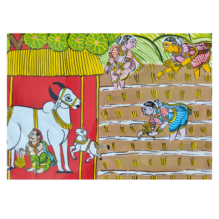 Paddy harvest Cheriyal painting depicting farmers and cattle during harvest season.