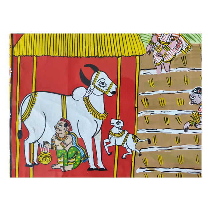 Paddy harvest Cheriyal painting showing farmers and cattle during harvest season.