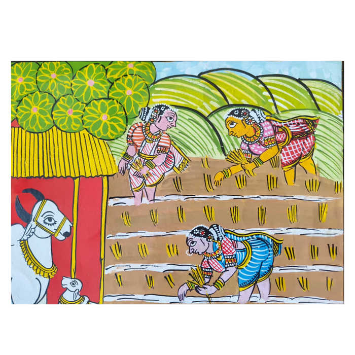 Hand-Painted Paddy Harvest Cheriyal Painting Cattle Care   Cheriyala Painting