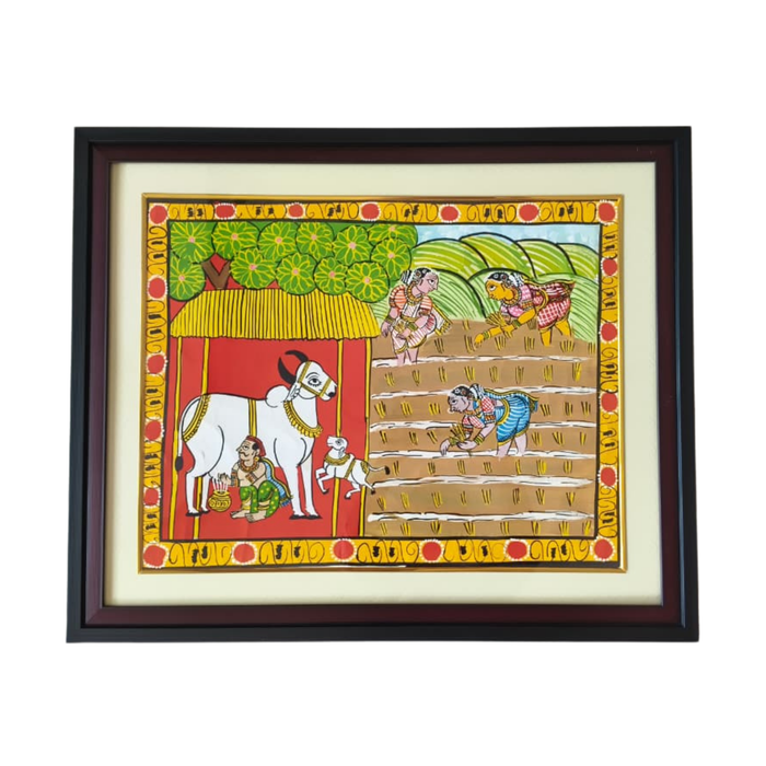 Vibrant Cheriyal painting depicting a lively Paddy Harvest Cheriyal Painting scene with farmers and cattle.