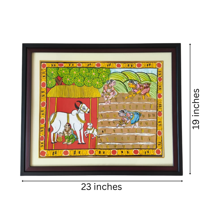 Paddy harvest Cheriyal painting depicts farmers and cattle.