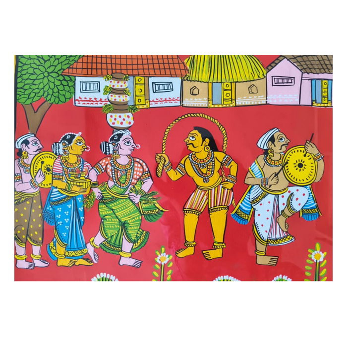 Hand-Painted Cheriyal Painting - Pothuraju & Bonalu Folk Dance   Cheriyala Painting