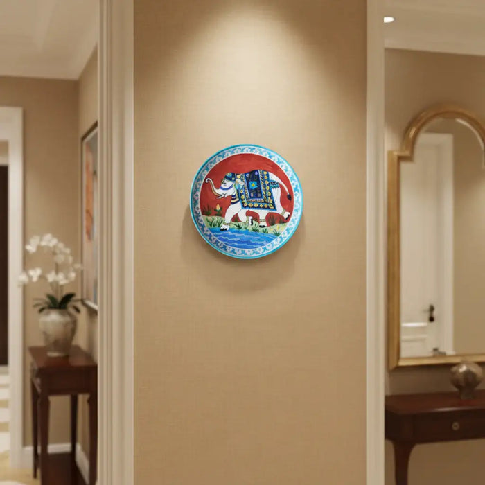 Hand-Painted Decorative Plate White Elephant with Red Background   Pottery