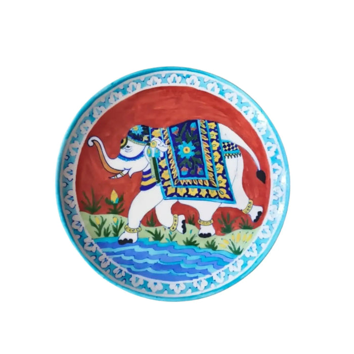 Hand-Painted Decorative Plate White Elephant with Red Background   Pottery