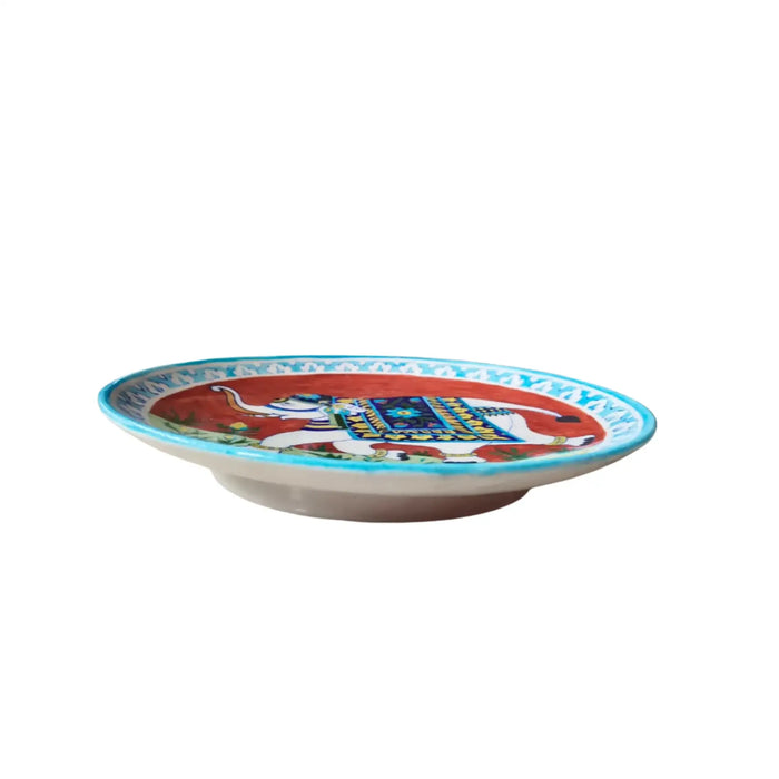 Hand-Painted Decorative Plate White Elephant with Red Background   Pottery