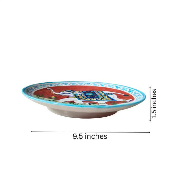 Hand-Painted Decorative Plate White Elephant with Red Background   Pottery