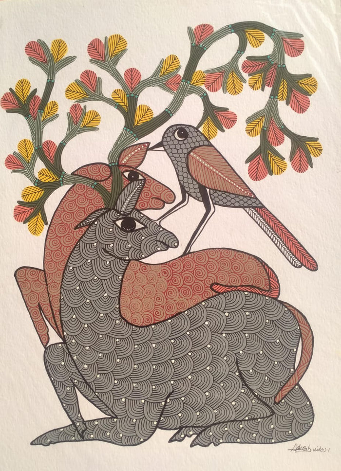 Hand-Painted Deer & Bird Forest Sanctuary – Authentic Gond Painting   Paintings