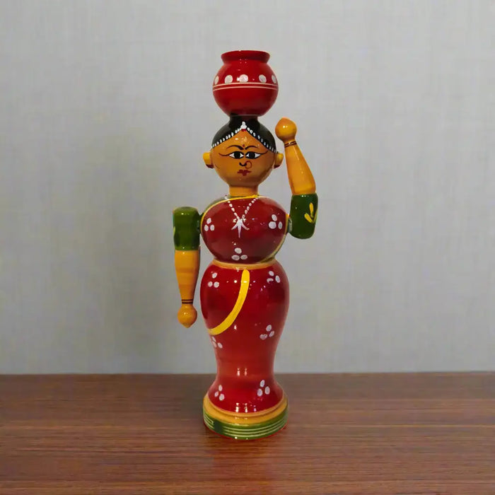 Hand-Painted Etikoppaka 'Golla Bhama' Figurine - Lacquered Wood Craft   Etikoppaka Lacquerware