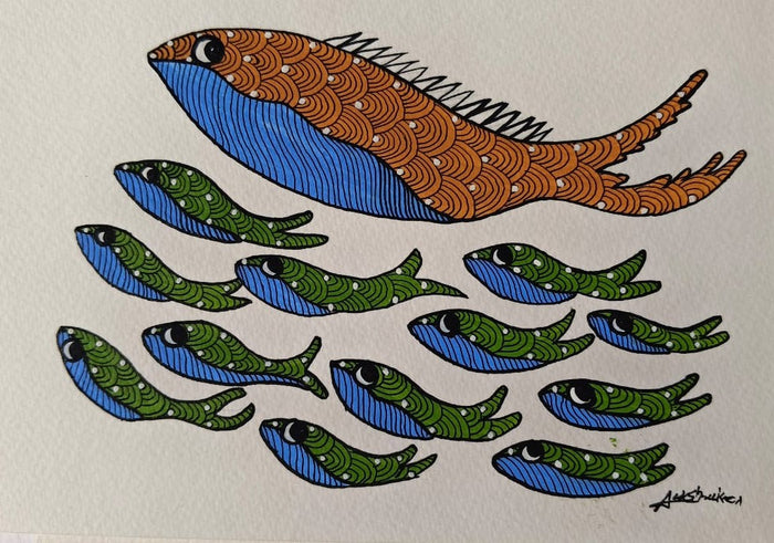 Hand-Painted Gond Art – Harmonious School of Fish   Paintings