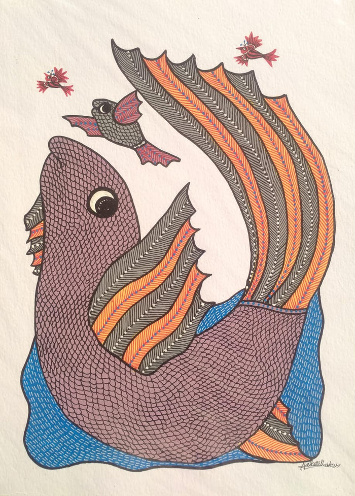 Hand-Painted Leaping Fish & Aquatic Life – Gond Painting   Paintings