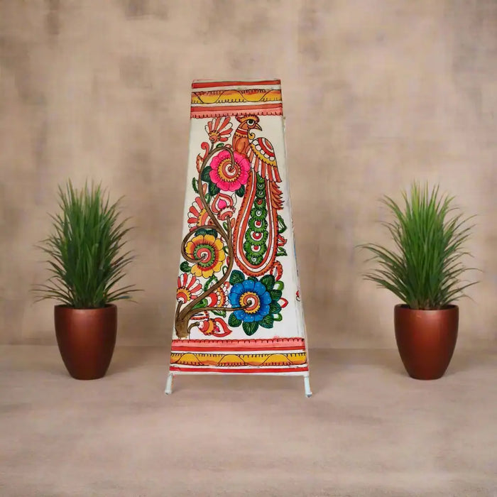 Hand-Painted Leather Lamp with Peacock and Floral Design   Leather Paintings