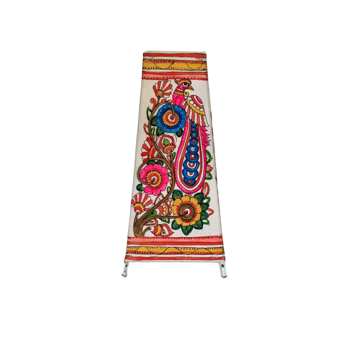 Hand-Painted Leather Lamp with Peacock and Floral Design   Leather Paintings