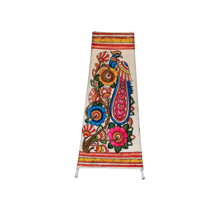 Hand-Painted Leather Lamp with Peacock and Floral Design   Leather Paintings