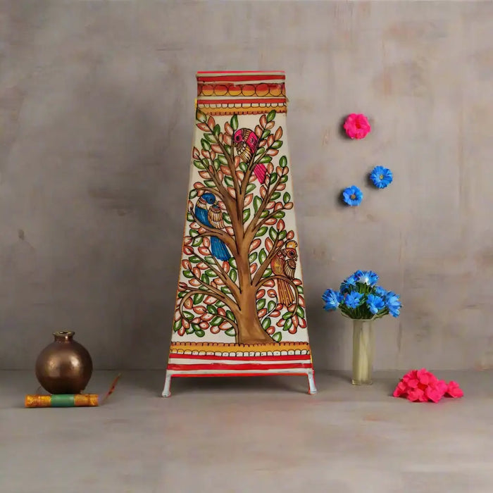 Hand-Painted Leather Lamp with Tree of Life and Colorful Birds   Leather Paintings