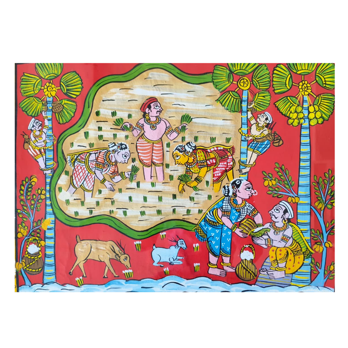 Hand-Painted Paddy Fields & Toddy Tappers Cheriyal Painting   Cheriyala Painting