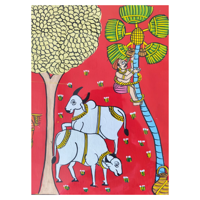 Cheriyal toddy harvest painting: vibrant folk art depicting rural life and toddy tapping.