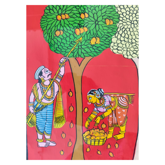 Cheriyal toddy harvest painting: vibrant rural scene, skilled artisans depict harvest and toddy tapping.