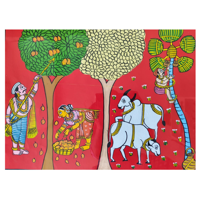 Cheriyal toddy harvest painting: Rural life and toddy tapping in vibrant Cheriyal scroll art.