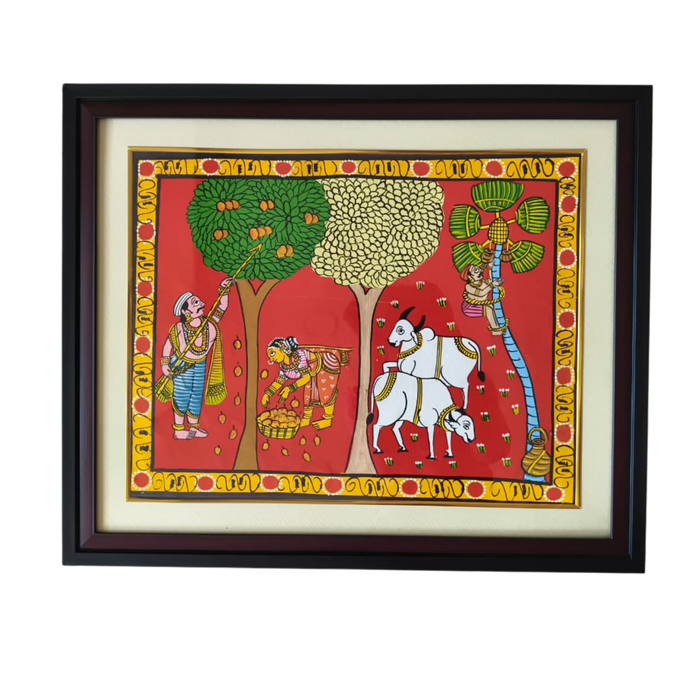 Cheriyal toddy harvest painting: vibrant folk art depicts rural life and toddy tapping.