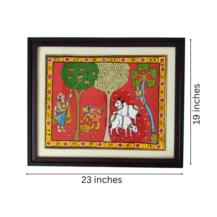 Cheriyal toddy harvest painting: rural life, festive gathering, vibrant colors.