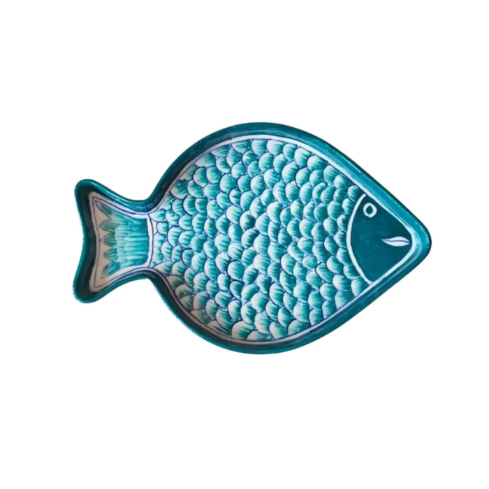 Hand-Painted Teal Blue Pottery Fish Wall Decor | Coastal Quartz Art   Pottery