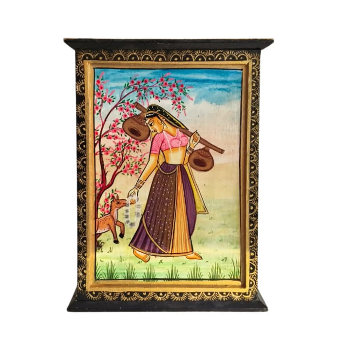 Hand-Painted Traditional Indian Lady And Deer Jewellery Box with Key Hooks   Wood Decorative