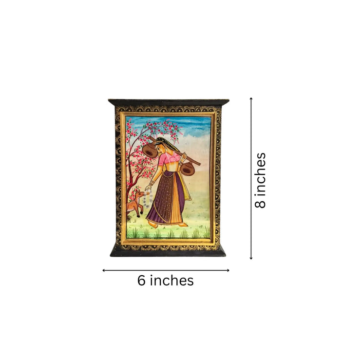 Hand-Painted Traditional Indian Lady And Deer Jewellery Box with Key Hooks   Wood Decorative