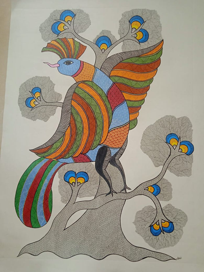 Hand-Painted Tribal Bird & Tree of Life – Gond Painting   Paintings