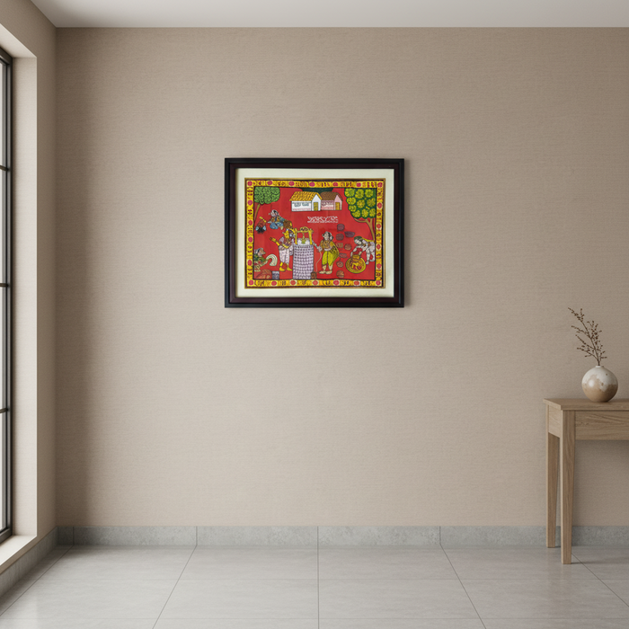 Cheriyal village well painting: lively scene of daily life, hand-painted scroll art.