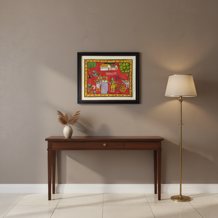 Cheriyal village well painting depicts daily life in vibrant colors.