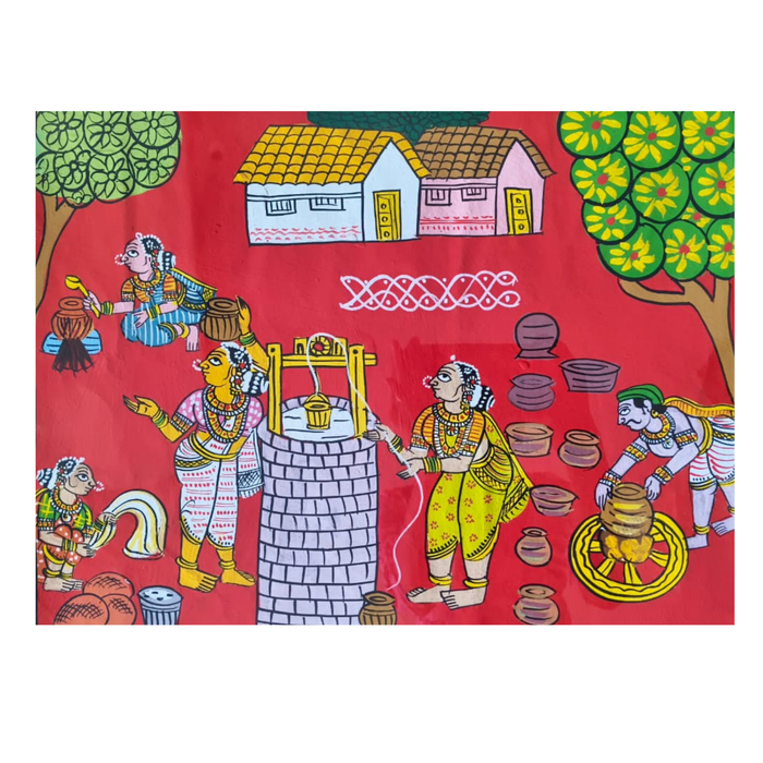 Cheriyal village well painting shows daily life scenes in vibrant detail.