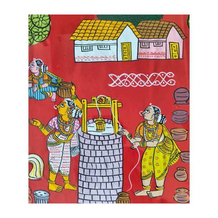 Cheriyal village well painting showing daily life, hand-painted scroll.