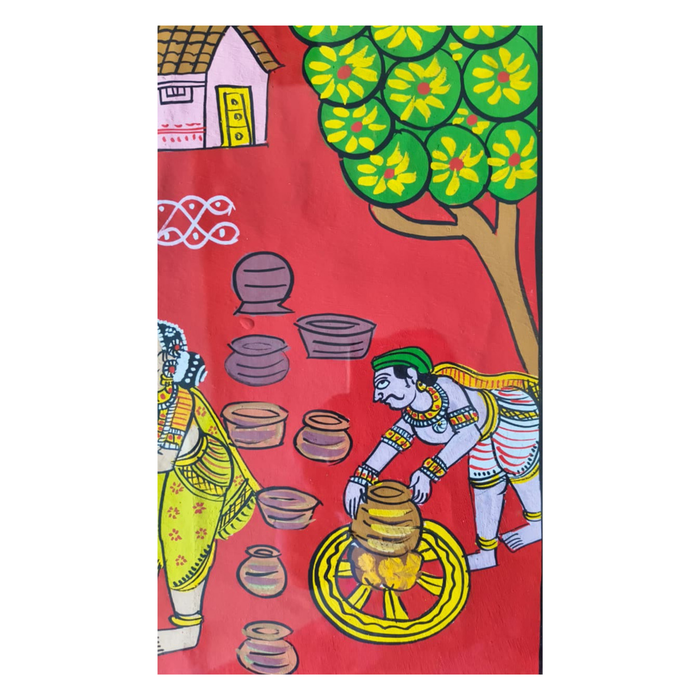 Cheriyal village well painting depicts daily life with vibrant colors.