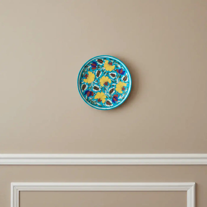 Hand-Painted Wall Plate Yellow and Blue Floral   Pottery