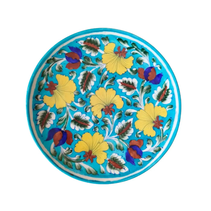 Hand-Painted Wall Plate Yellow and Blue Floral   Pottery