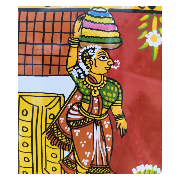 Cheriyal Bathukamma painting: Hand-painted portrait of woman celebrating with Bathukamma flowers.