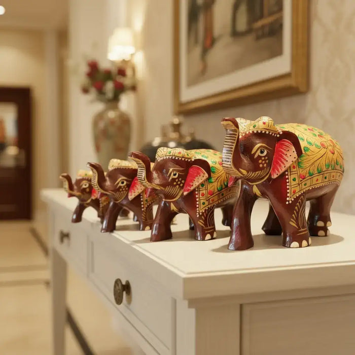 Hand-Painted Wooden Elephant with Trunk Up | Decorative Figurine maruthi handicrafts