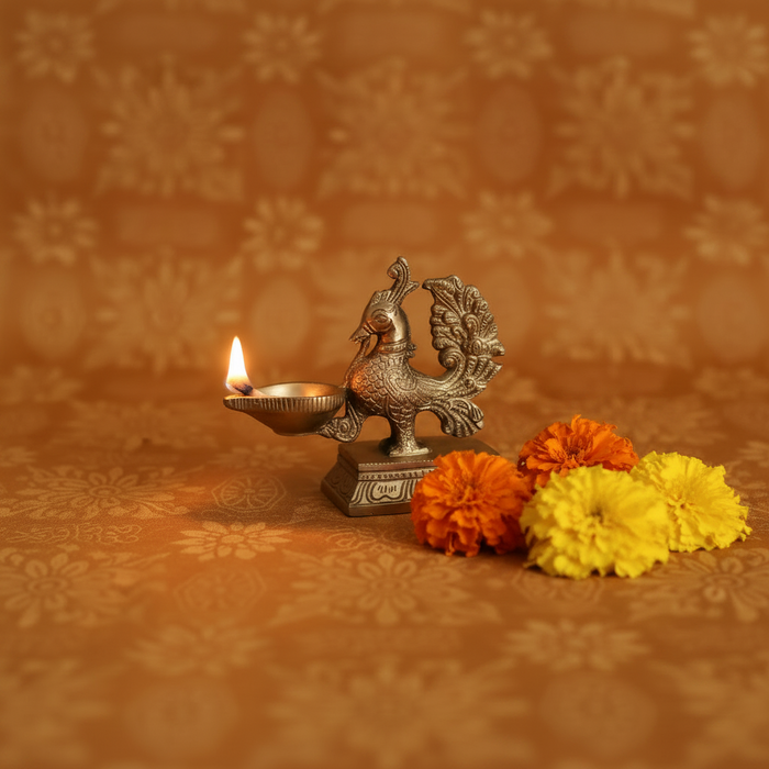Handcrafted Brass Annapakshi Table Diya | Traditional Peacock Oil Lamp on Pedestal Base   Brass Artwork
